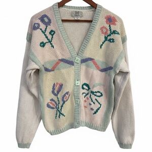 VINTAGE 80s Floral CottageCore Cardigan Sweater L Grandmacore 80s Boho